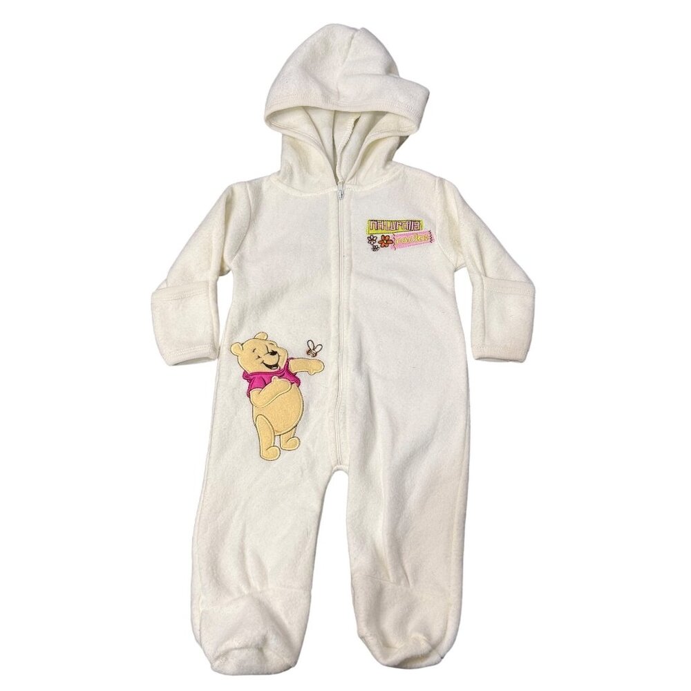 VTG Disney Winnie The‎ Pooh Baby Romper 0-3M White Hooded Fleece Sleeper Cozy